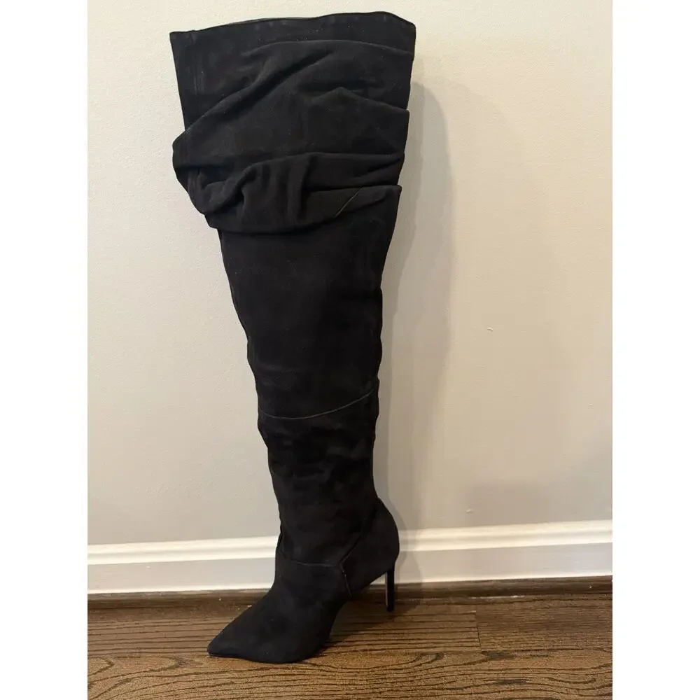 Schutz Ashlee Over The Knee Boots Black Suede Leather 8 NEW $238